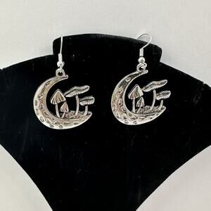 Mushroom Earrings Crescent‎ Moon Silver Tone Dangle Drop Celestial Jewelry